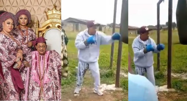 Alaafin of Oyo Trains Energetically With A Punching Bag